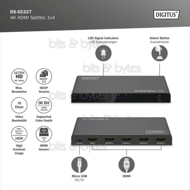 Digitus DS-55337 - 4 Port HDMI Splitter - 1 Input <> 4 Output (4Kx4K) 4016032495581